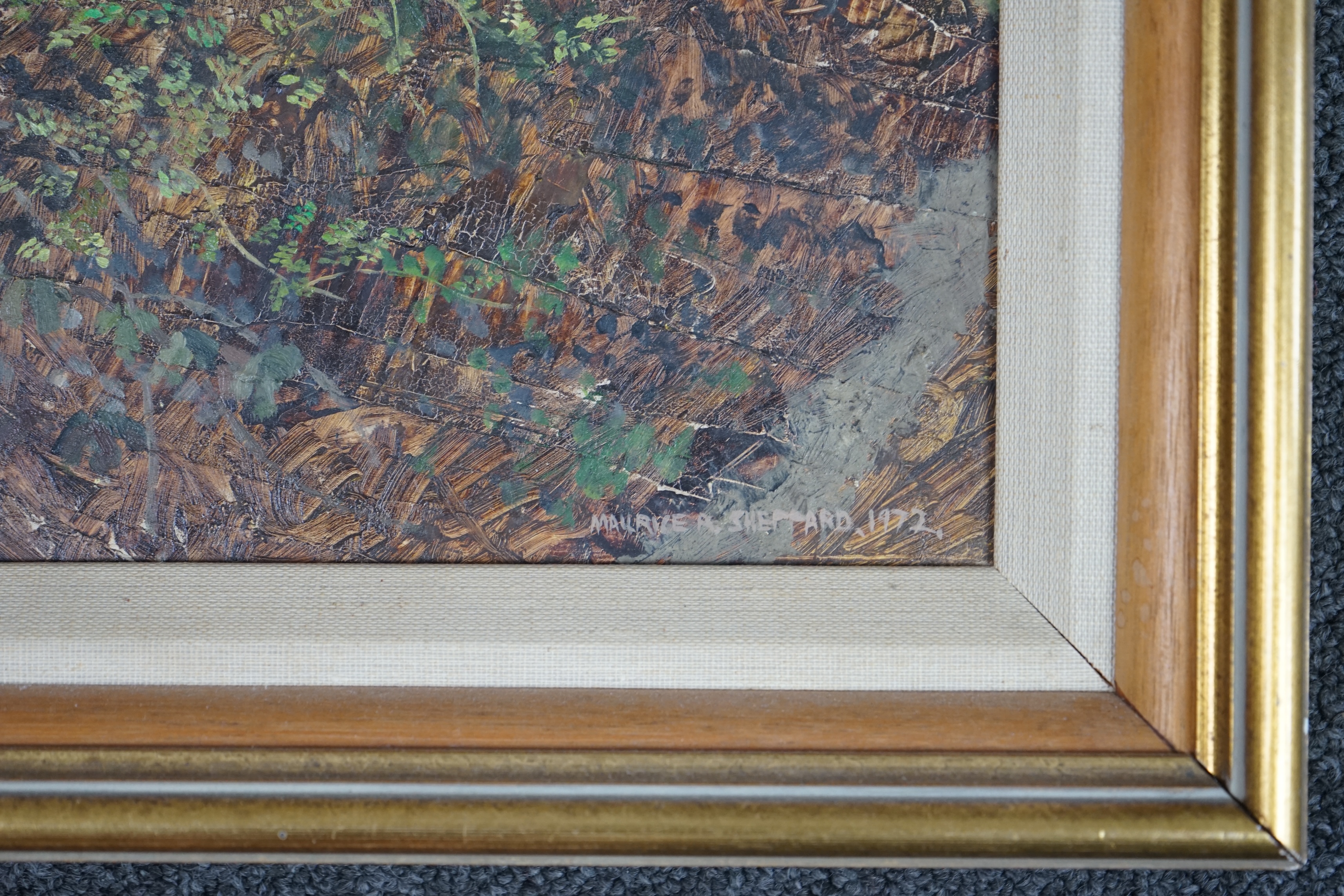 Maurice Sheppard (b.1947), oil on board, 'In Northgate Mill Wood', signed and dated 1972, 39.5 x 34cm. Condition - fair to good
